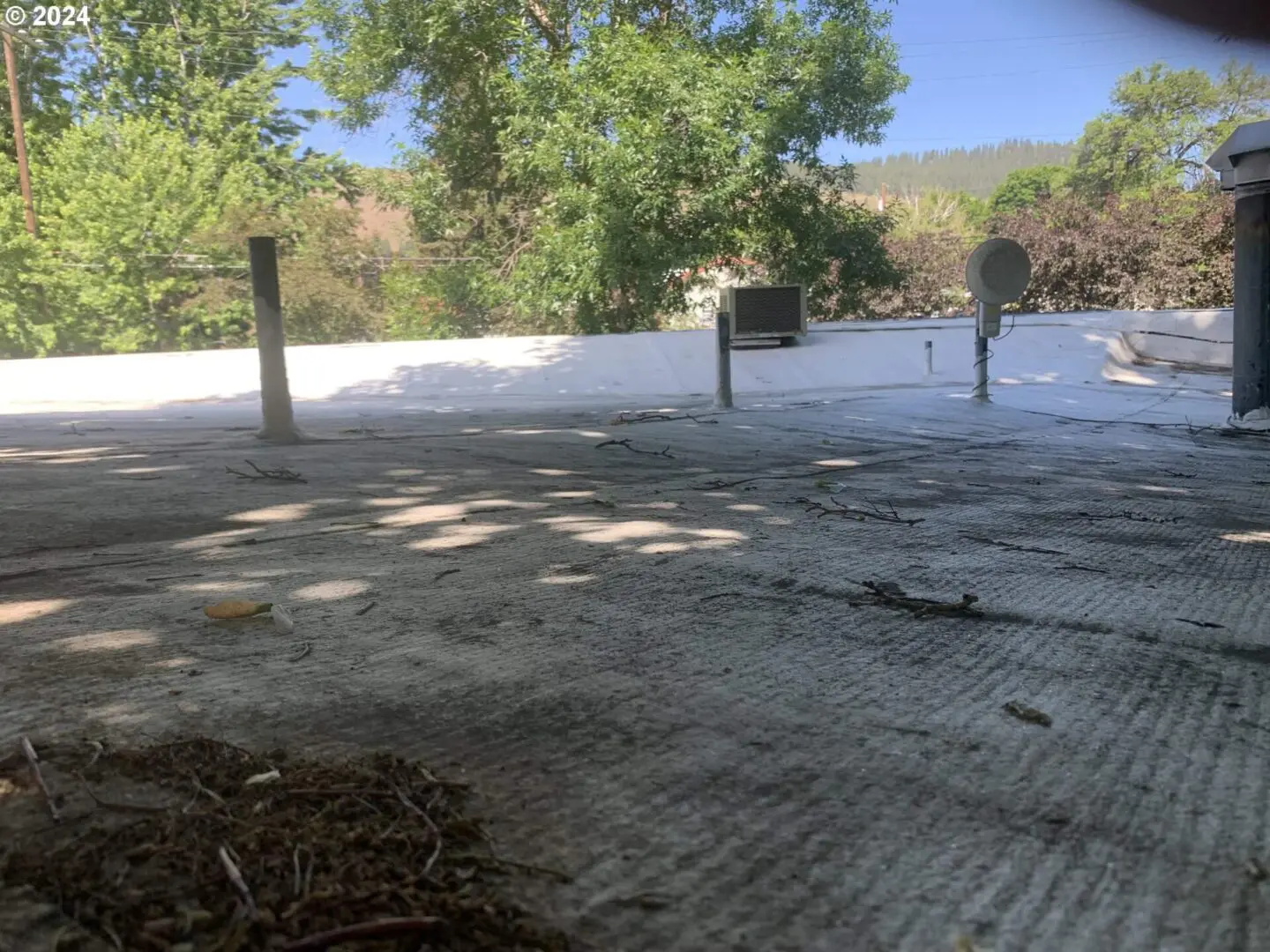 A parking lot with trees and dirt on the ground.