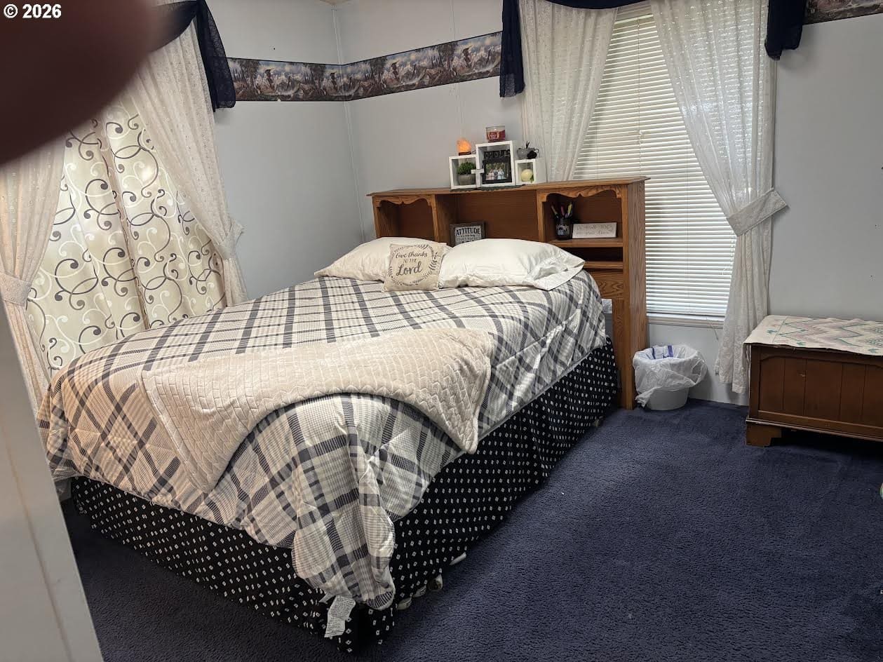 Cozy bedroom with blue carpet and decor.