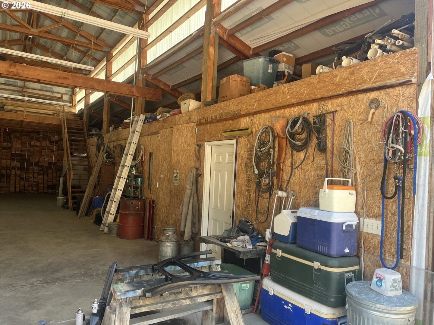 Spacious storage area with tools and equipment.