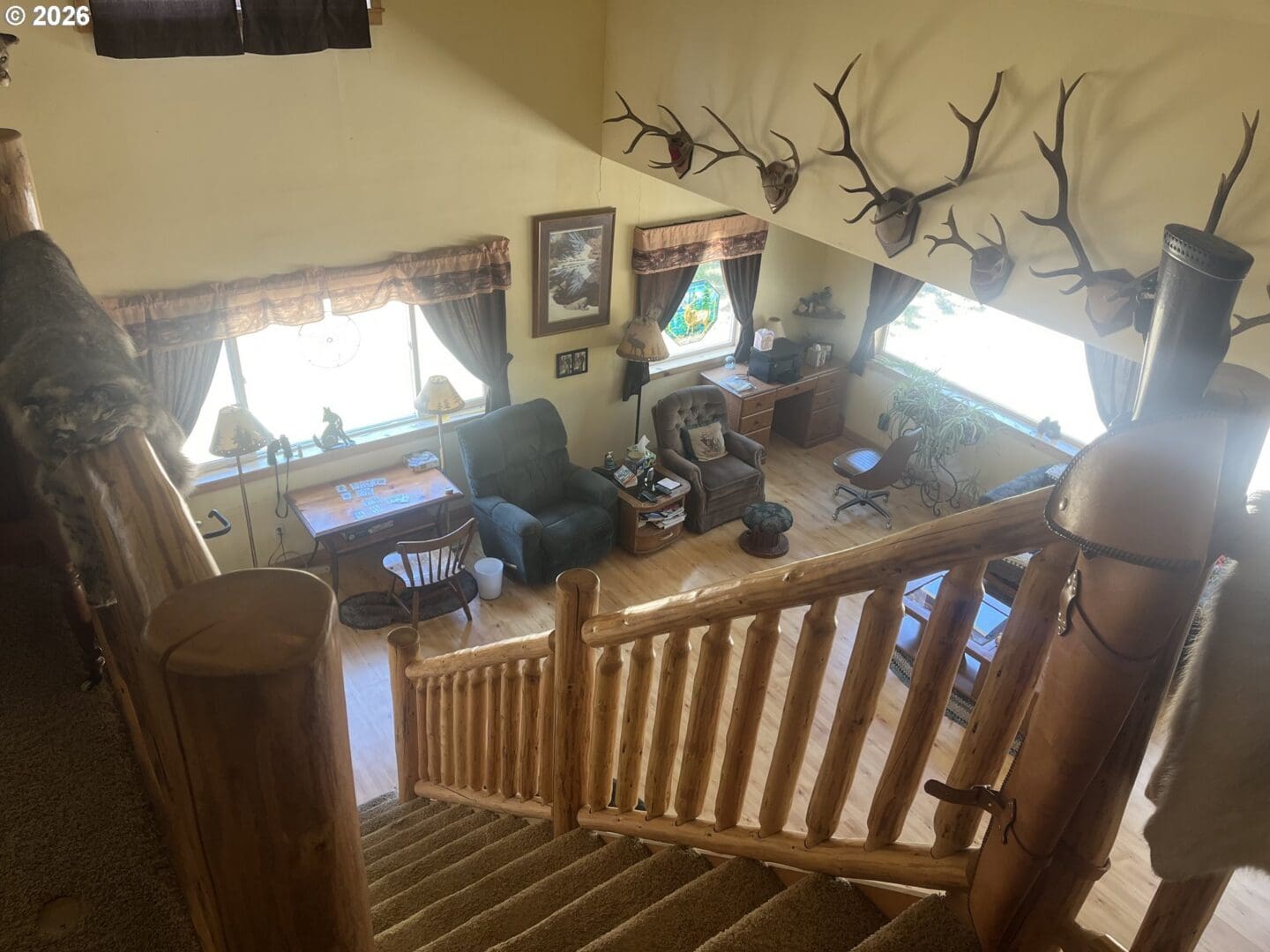 Interior view of a cozy, rustic living space.